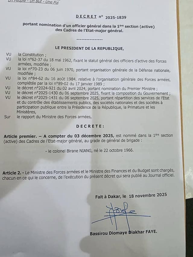 IMG-20251122-WA0075 Armée : Le colonel Birane Niang élevé au grade de général de brigade