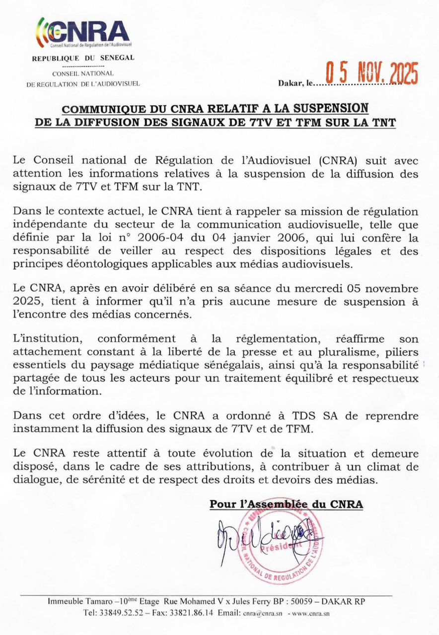 IMG-20251105-WA0225 Le CNRA somme TDS de rétablir immédiatement les signaux de 7TV et TFM